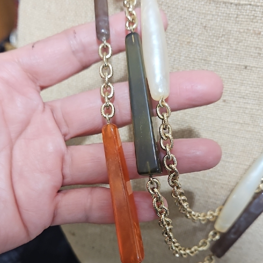 Chico's Gold Chain Necklace with Red, Orange, Black, and White Beads - Picture 3 of 4